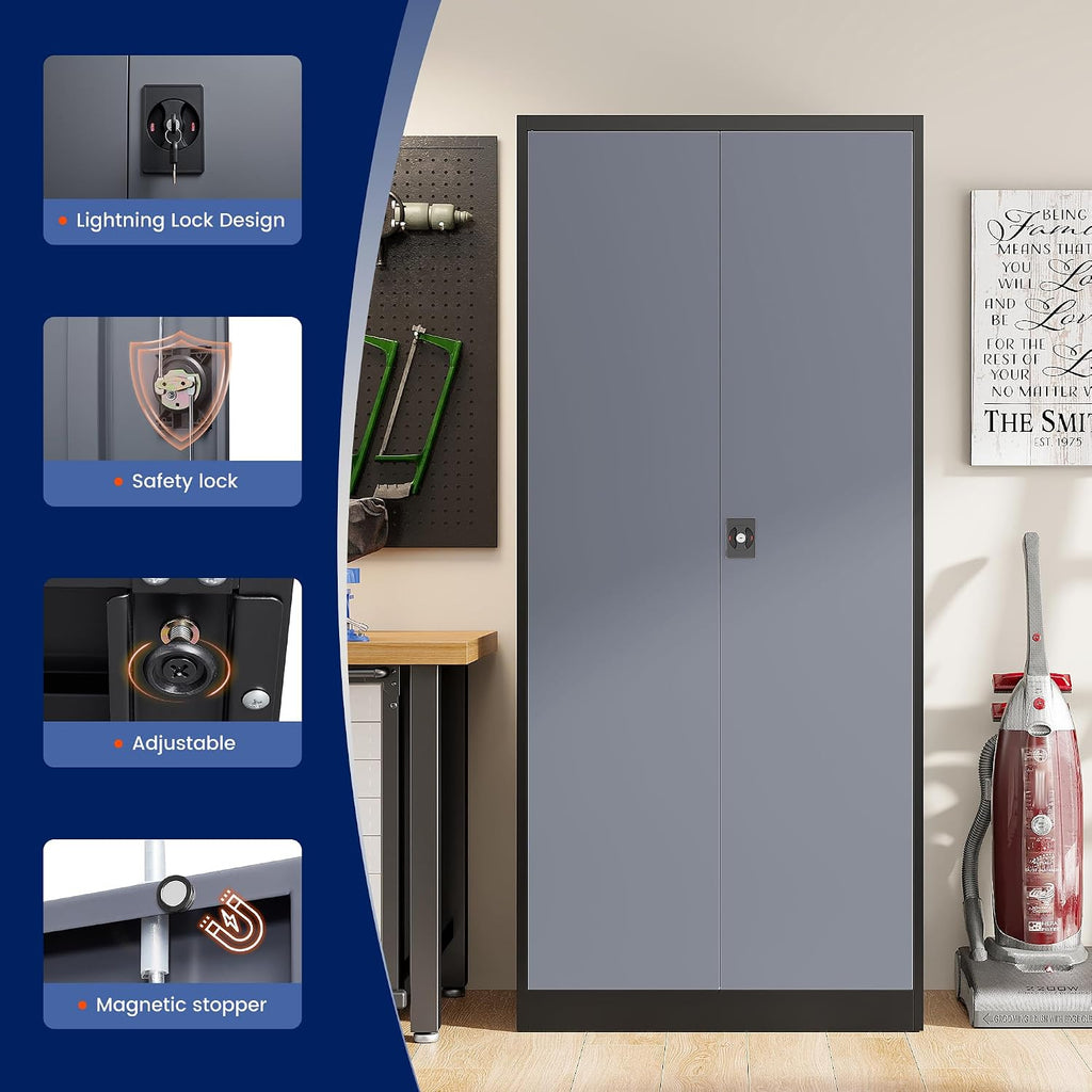 Yizosh Metal Garage Storage Cabinet with Lock, 71' Locking Tool Cabinet with 2 Doors and 4 Shelves, Tall Steel Cabinet for Garage, Heavy Duty File Cabinet for Office, School (Black Gray)