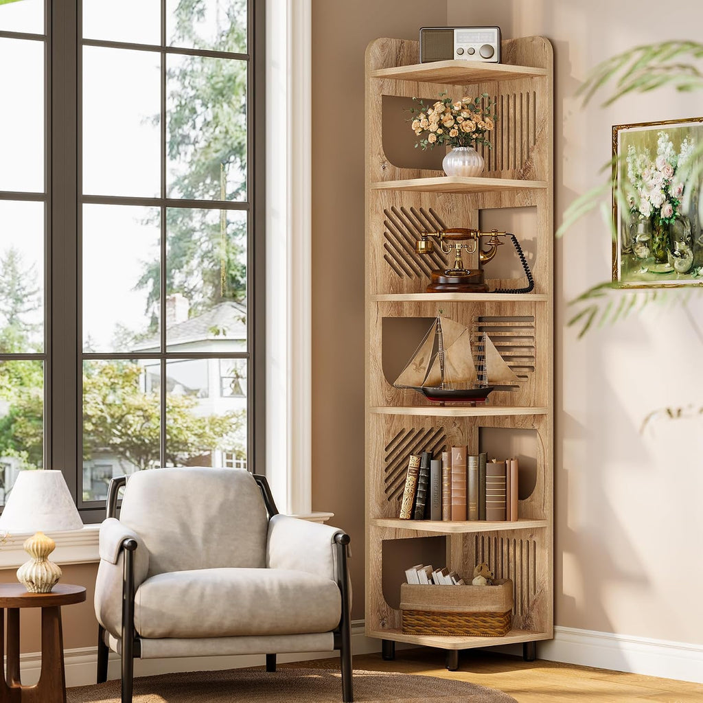 Tribesigns 6 Tiers Corner Shelf, Tall Skinny Corner Bookshelf Bookcase with Hollow Design, Farmhouse Narrow Display Shelf for Living Room, Bedroom, Small Space, Natural