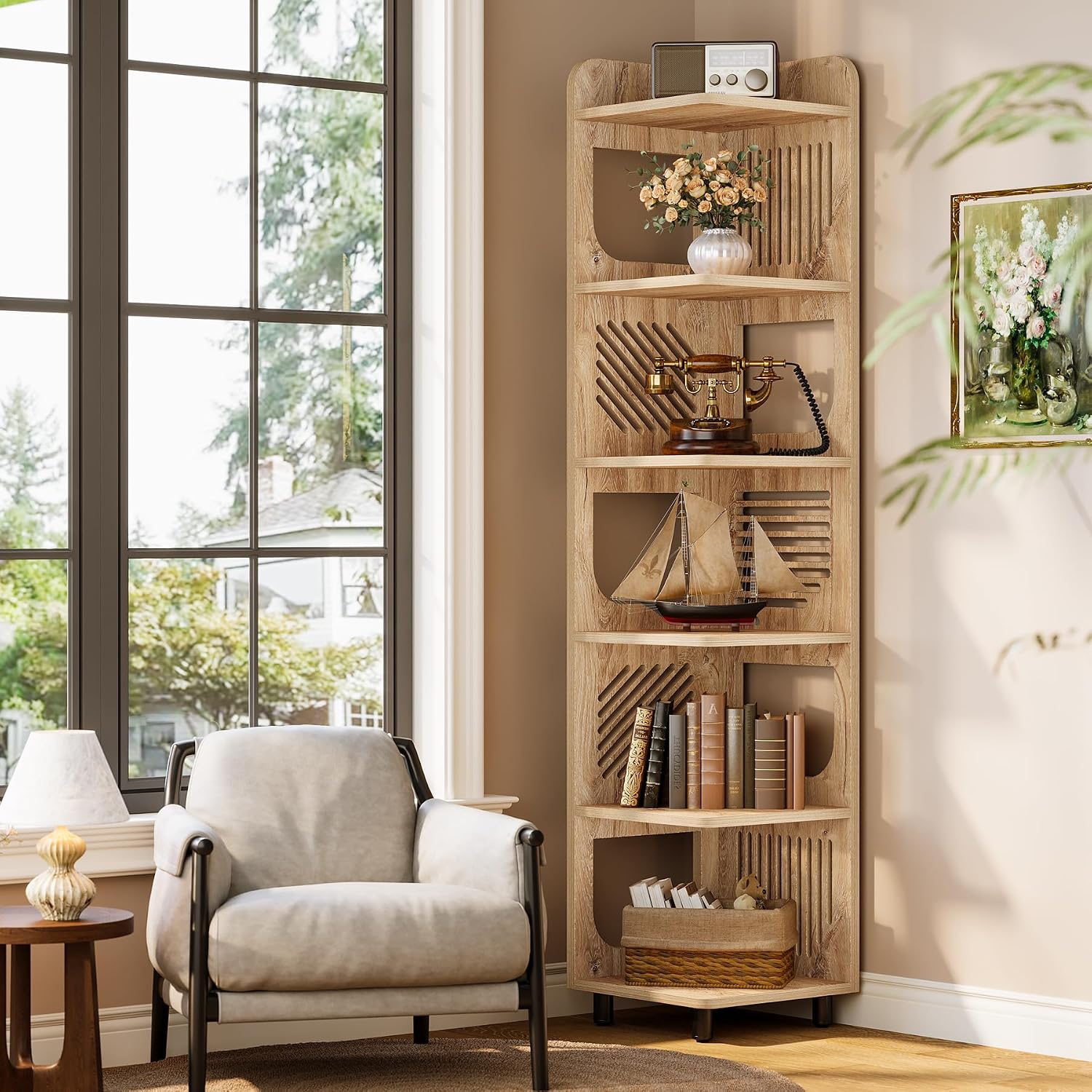 Tribesigns 6 Tiers Corner Shelf, Tall Skinny Corner Bookshelf Bookcase with Hollow Design, Farmhouse Narrow Display Shelf for Living Room, Bedroom, Small Space, Natural