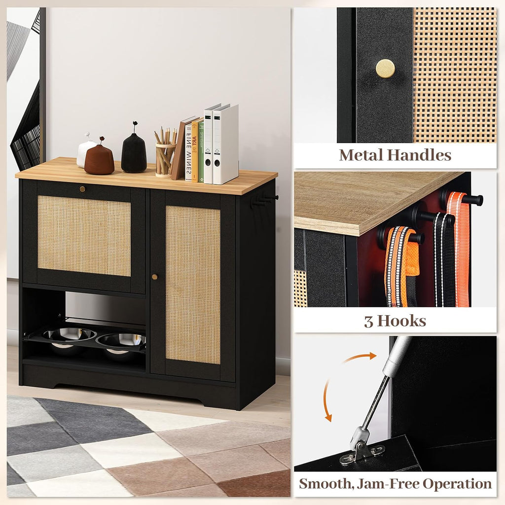 Rovibek Dog Food Storage Cabinet with 2 Raised Dog Bowls, Pet Food Cabinet Feeding Station with Tilt Out Storage Cabinets, Pet Feeding Station for 2 Dogs, Black