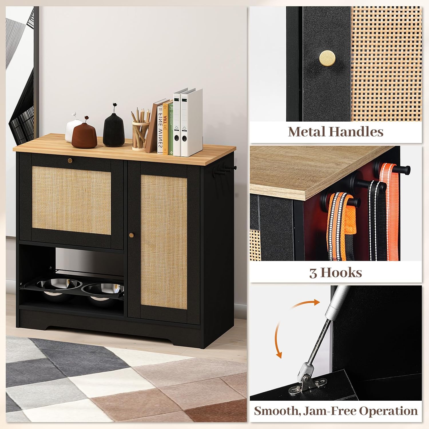 Rovibek Dog Food Storage Cabinet with 2 Raised Dog Bowls, Pet Food Cabinet Feeding Station with Tilt Out Storage Cabinets, Pet Feeding Station for 2 Dogs, Black