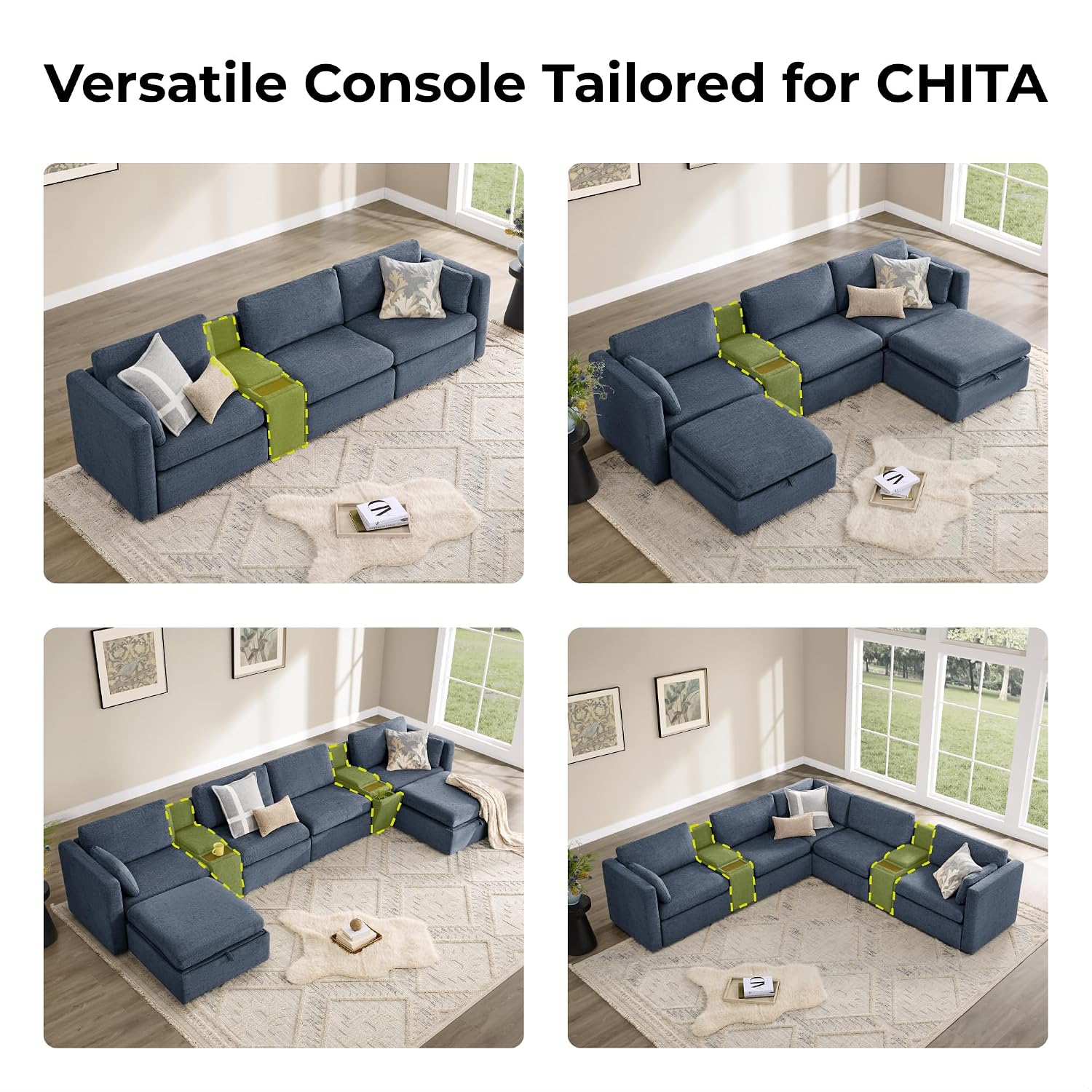 CHITA Versatile Storage Console for Modular Sofa, Multifunctional Side with Dual Cup Holders, Table, No Need Assembly, Blue