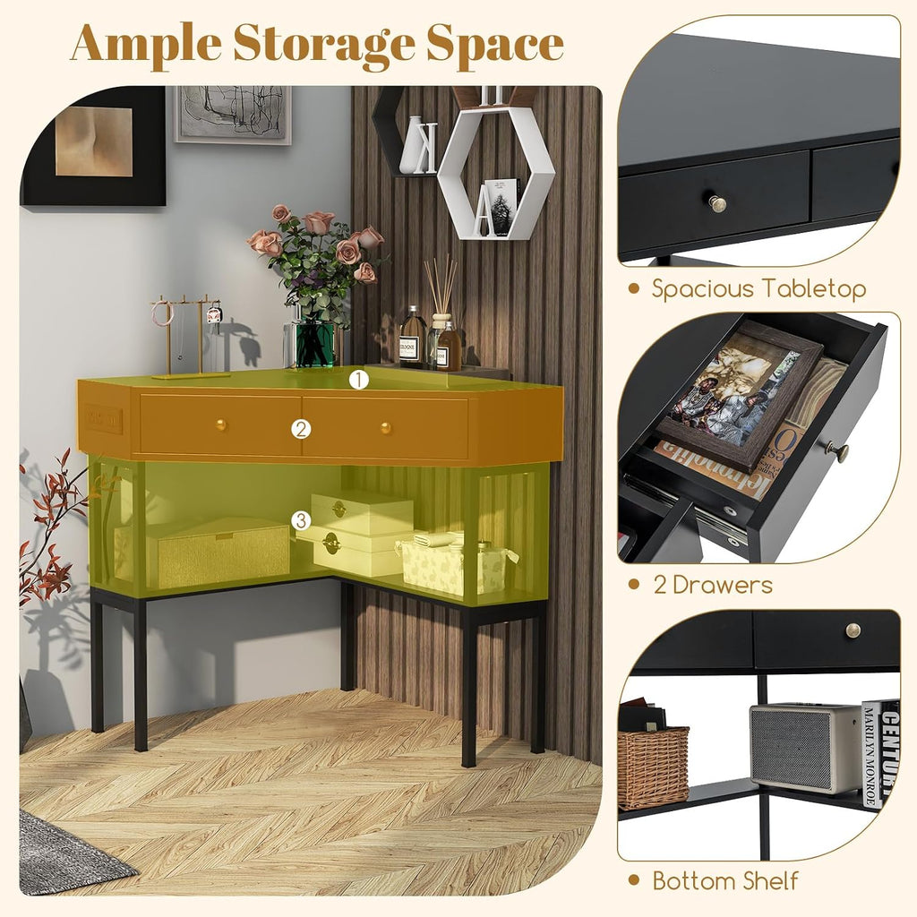Tangkula Corner Desk with 2 Drawers & Built-in Charging Station, 90 Degrees Triangle Corner Computer Desk for Small Space, Bedroom Makeup Vanity Desk with Storage Shelves, Corner Desk (Black)