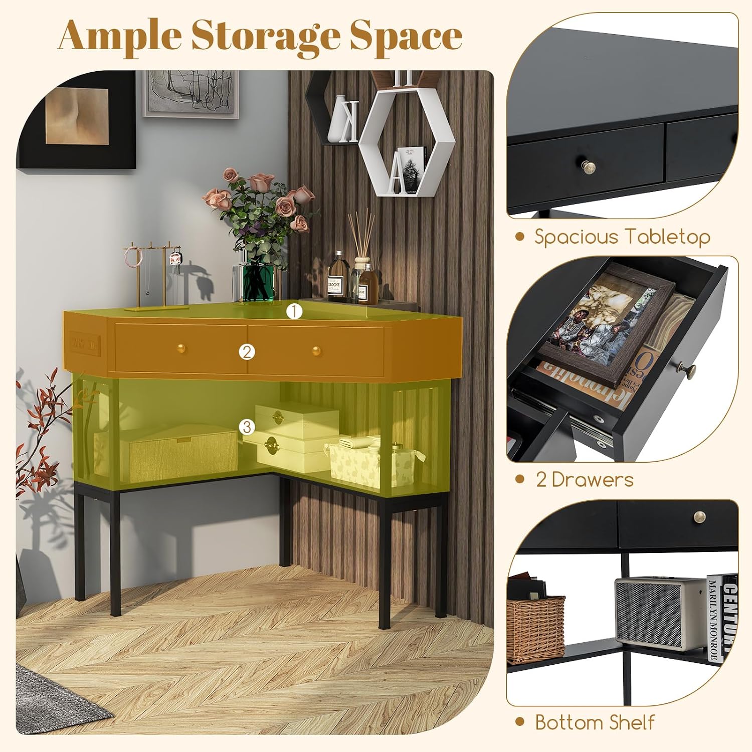 Tangkula Corner Desk with 2 Drawers & Built-in Charging Station, 90 Degrees Triangle Corner Computer Desk for Small Space, Bedroom Makeup Vanity Desk with Storage Shelves, Corner Desk (Black)