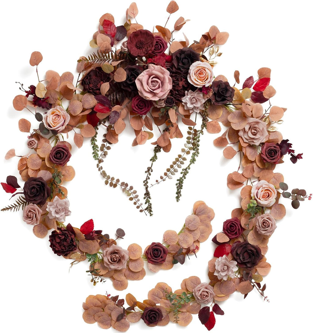 Ling's moment 9FT Eucalyptus and Willow Leaf Garland with White Flower, Handcrafted Wedding Sweetheart Table Centerpieces Head Table Decor Arch Backdrop Decorations for Wedding | Burgundy & Dusty rose
