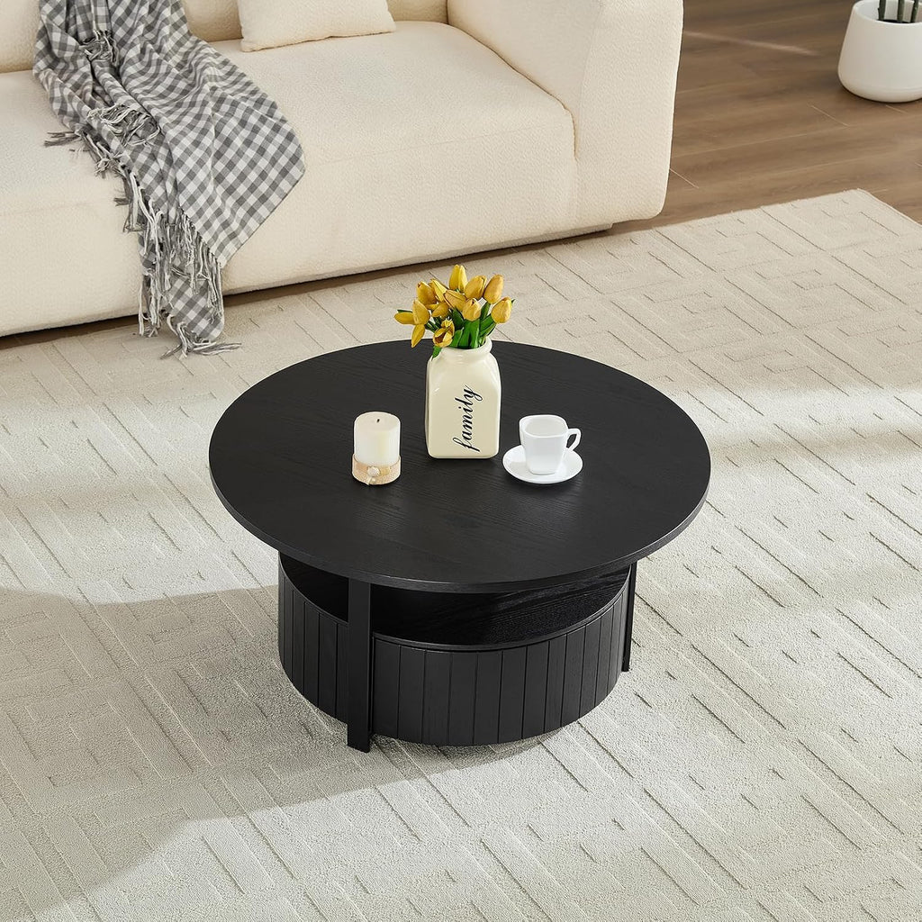 33' Round Coffee Table with Storage, Solid Wood 2 Tier Mid Century Modern Coffee Table with Drawer, Circle Fluted Center Table for Living Room Home Office Small Space, Black