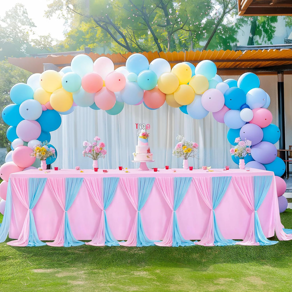 Besutolife Blue Pink Tulle Tablecloth for Rectangle Tables 6ft 3 Sides for Wedding Birthday Party Baby Shower Cake Dessert Buffet Banquet Table Decorations 6Pack