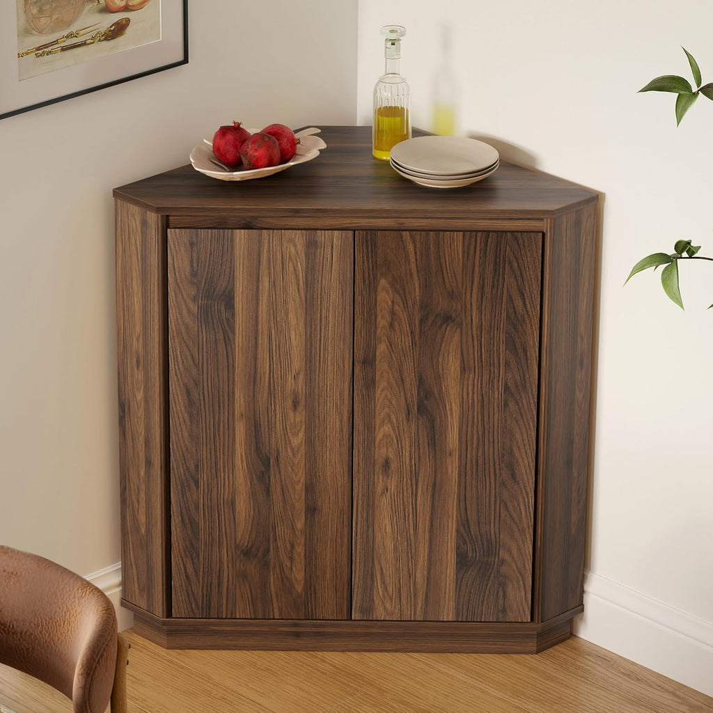EYYTHUNG Corner Cabinet, Modern Handless Corner Floor Cabinet with 2 Doors and 2-Tier Shelves, Freestanding Narrow Organizer for Living Room Kitchen Bathroom, Brown