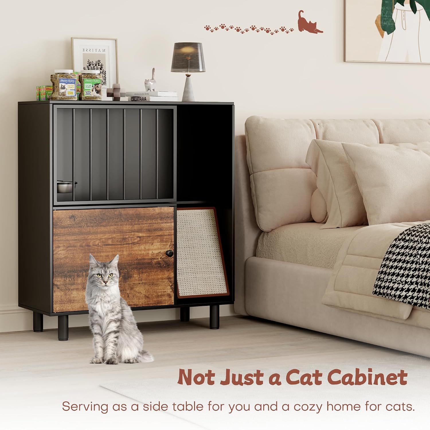 Dog Proof Cat Feeding Station, Cat Feeding Station Furniture with Storage and Cats Scratching Board, 2 Raised Pet Food and Water Bowl for Indoor Cats, Large Pet Cabinet
