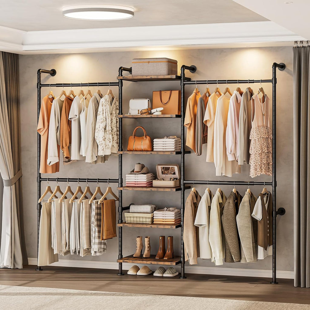 T1 Wall Mounted Closet System, Industrial Pipe Clothing Rack with 6 Wooden Shelves & 4 Telescopic Rods, Heavy Duty Closet Organizers and Storage in Wardrobe Closet (Rustic Brown)