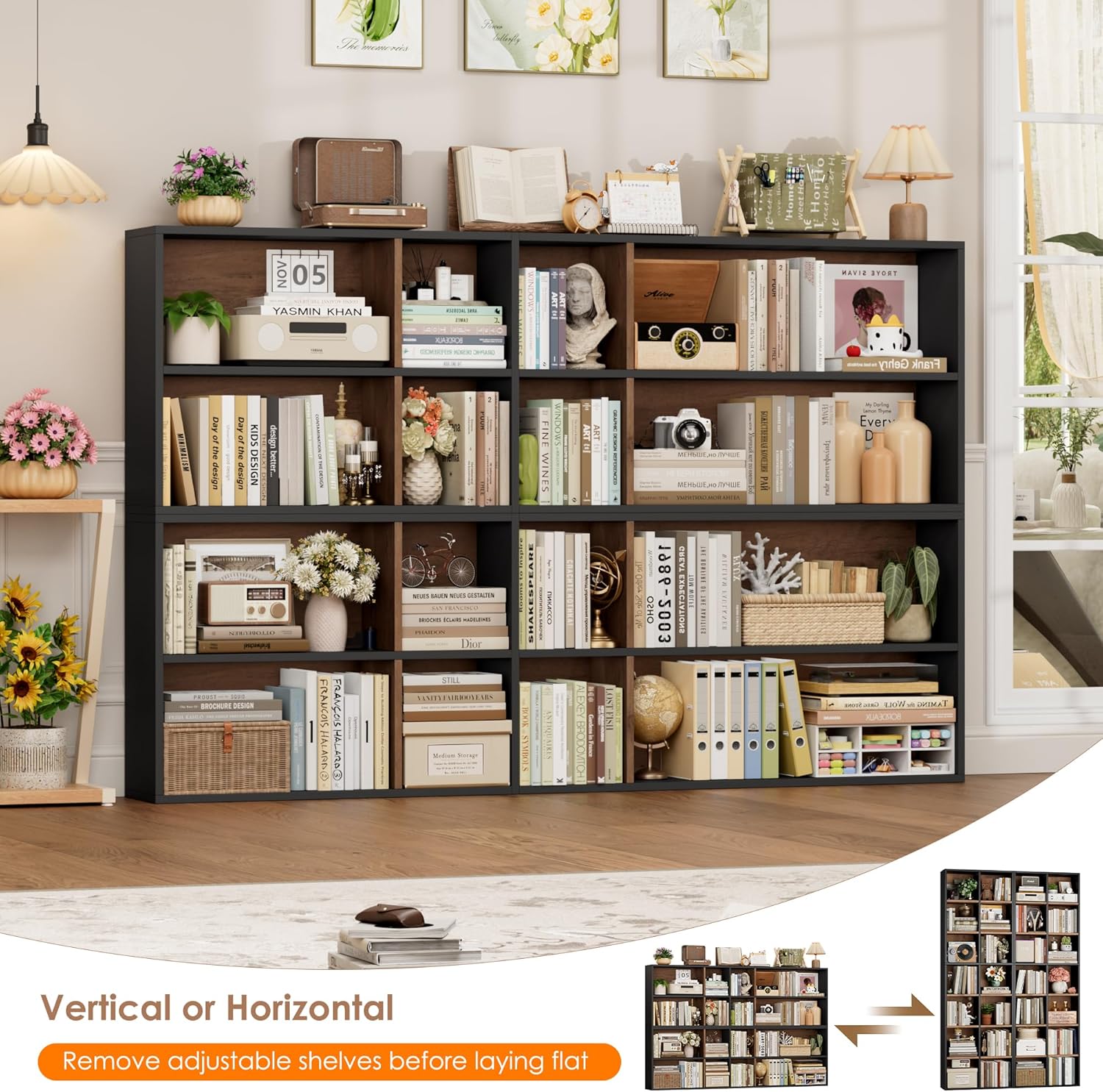FOTOSOK 71'' Tall Bookshelf Set of 2, 7 Tier Large Bookshelf with Adjustable Shelves, Wide Bookcases and Bookshelf, DVD/CD Media Tower Storage, Cube Book Shelf Display Shelf Cabinet, Black/Brown