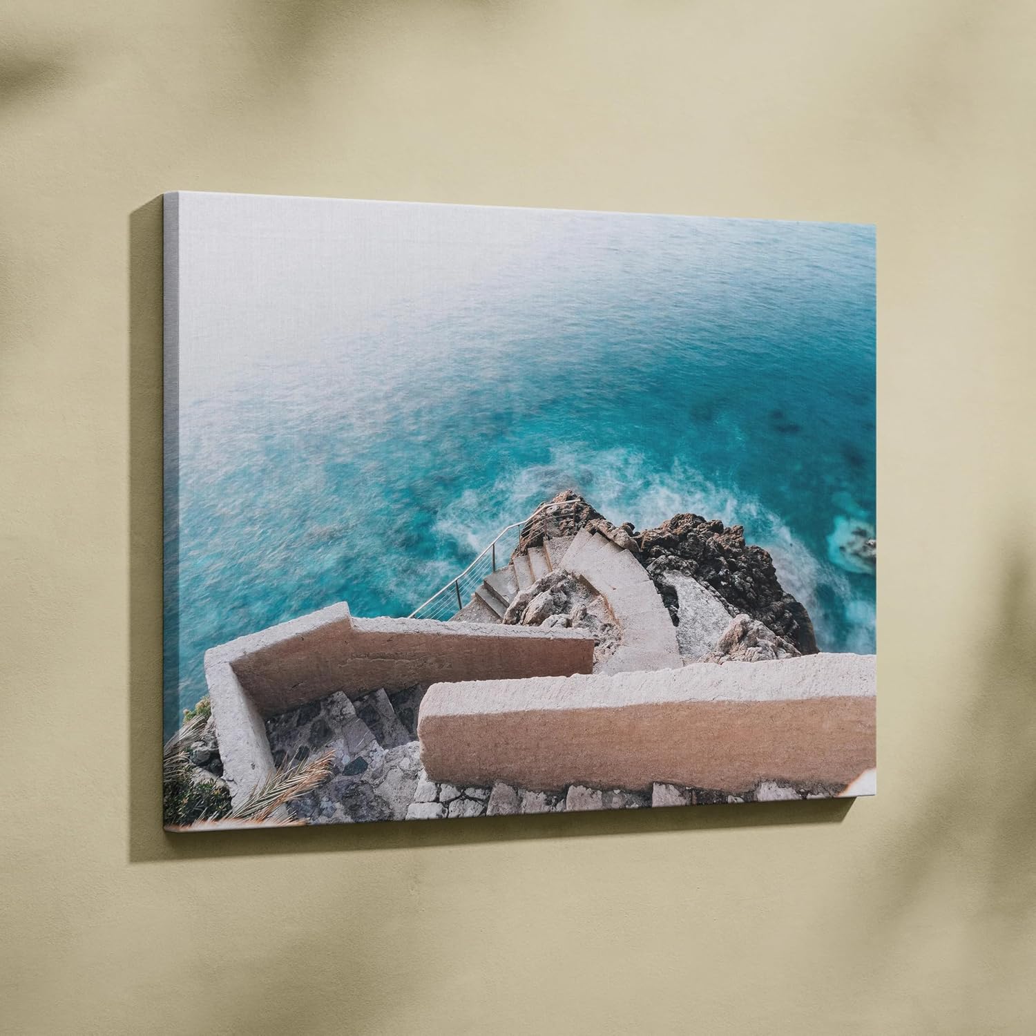 Throttle Designs. Elegant Coastal Architecture Canvas Wall Art Turquoise Calm Staircase Over Ocean Rocks-36? x 24? (Horizontal) / 1.5' - Bedroom, Living Room, Office Decor - Ready to Hang