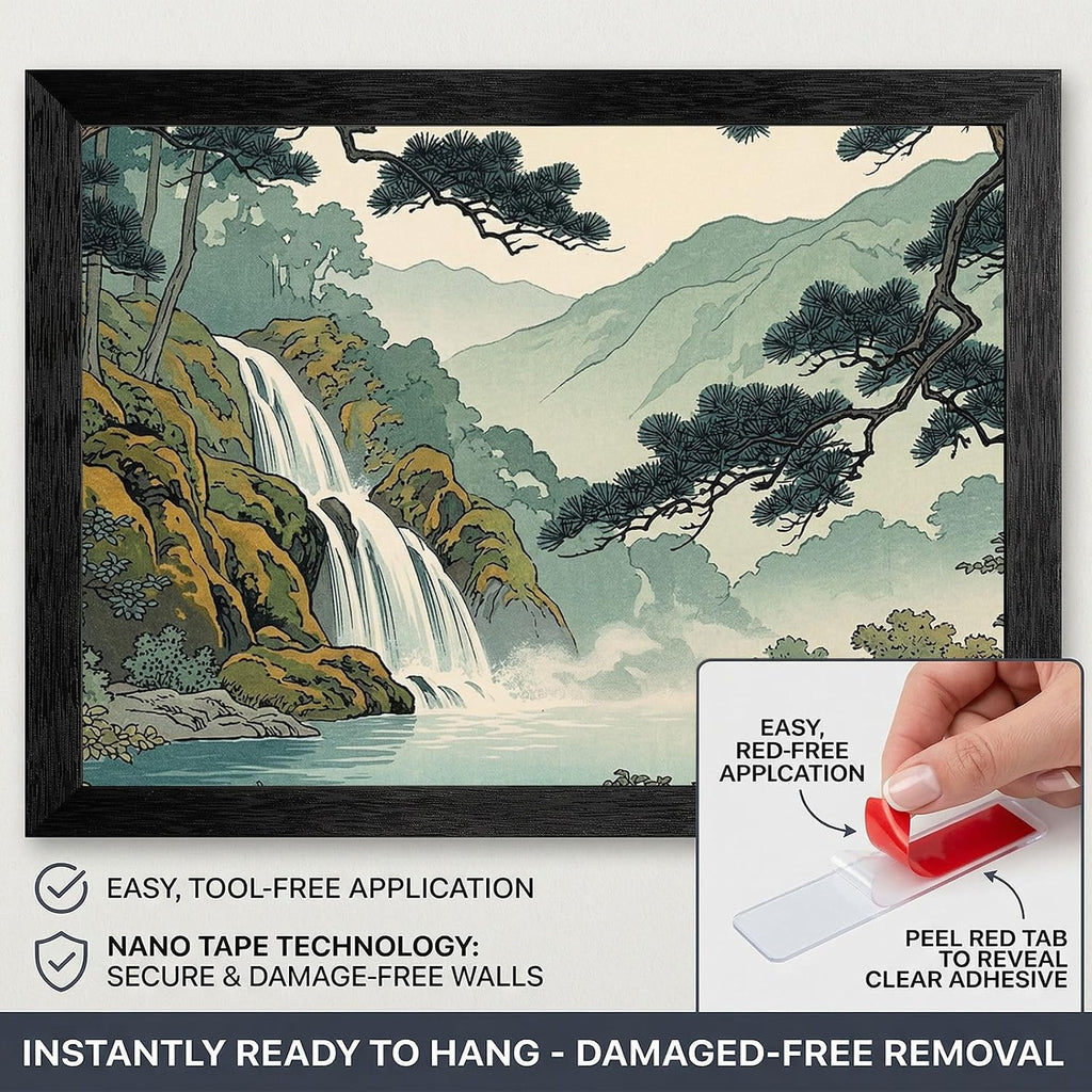 Framed Japanese Woodblock Style Waterfall Wall Art - Mist Forest Landscape in Premium Black Frame - Ready to Hang Nature Decor for Home and Office - 24x36 Inch