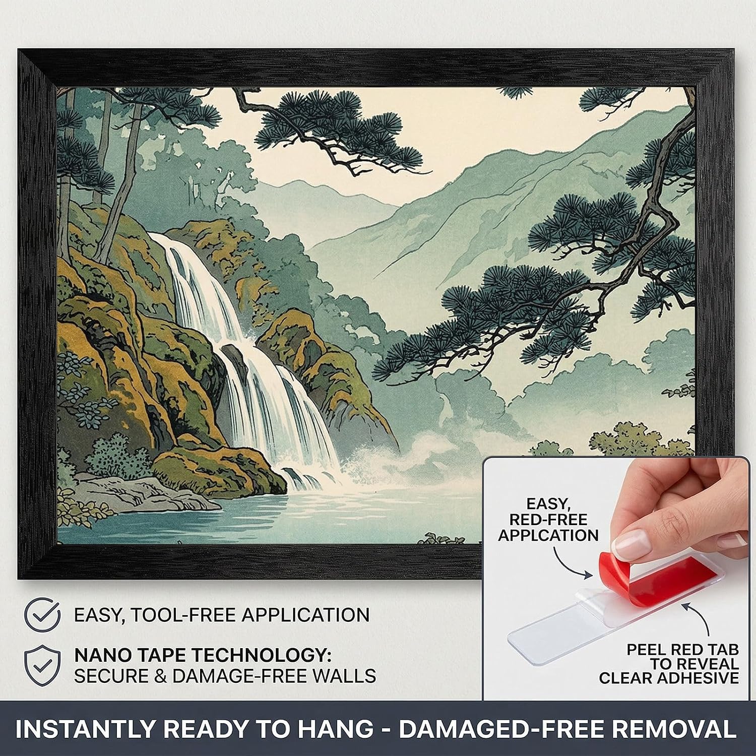 Framed Japanese Woodblock Style Waterfall Wall Art - Mist Forest Landscape in Premium Black Frame - Ready to Hang Nature Decor for Home and Office - 24x36 Inch