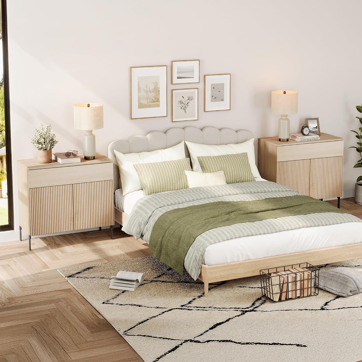 WAMPAT Fluted End Table Set of 2 with 1 Drawer & 1 Storage Cabinet, Modern Sofa Table with 2 Open Door, Wooden Side End Table for Living Room, Nighstand for Bedroom, Beige