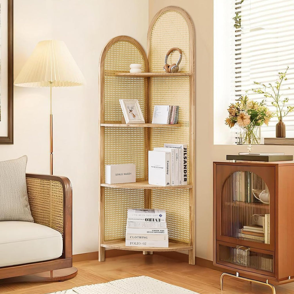 4-Tier Corner Shelf Stand 70' Rattan Corner Shelves Display Shelf Wall Corner Bookshelf with Solid Wood Frame Multi Unit Organizer Rack with Legs for Living Room Decor,Small Space, Natural