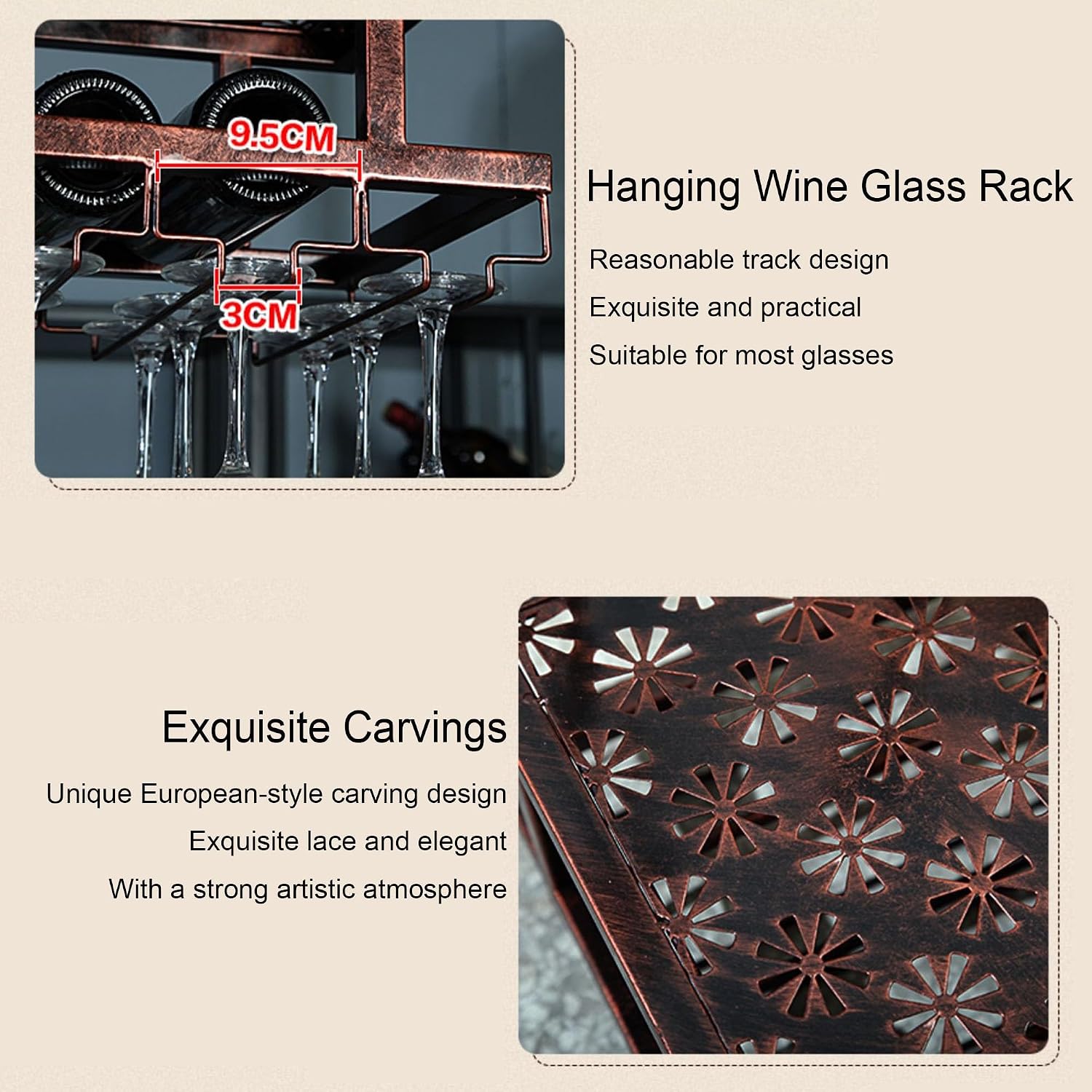 Hanging Metal Wine Rack Bar Shelves Liquor Bottle Display Shelf Wall Mounted with Wine Glass Storage Holder Rack for Liquor Bottles Floating Bar Kitchen Shelves for Home Bar Dining Room(Copper,60cm(23