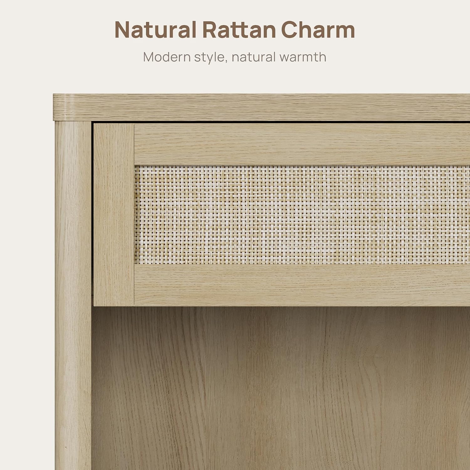 SICOTAS Night Stand Set of 2 26' Wide Large Nightstands with Drawer & Shelf Storage Rattan Bedside Table Boho End Table Tall Bed Side Tables Night Stands for Bedroom Living Room Sofa Office, Sand Oak