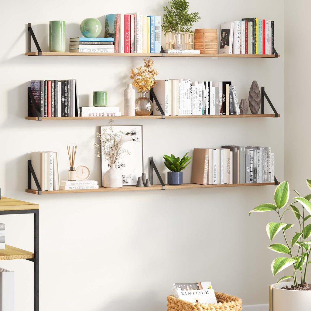 Wallniture Bora 60' x 6' Rustic Floating Shelves for Wall, Shelves for Bedroom, Office & Kitchen Storage Shelf, Wall Bookshelf, Set of 3, Burnt, Wood