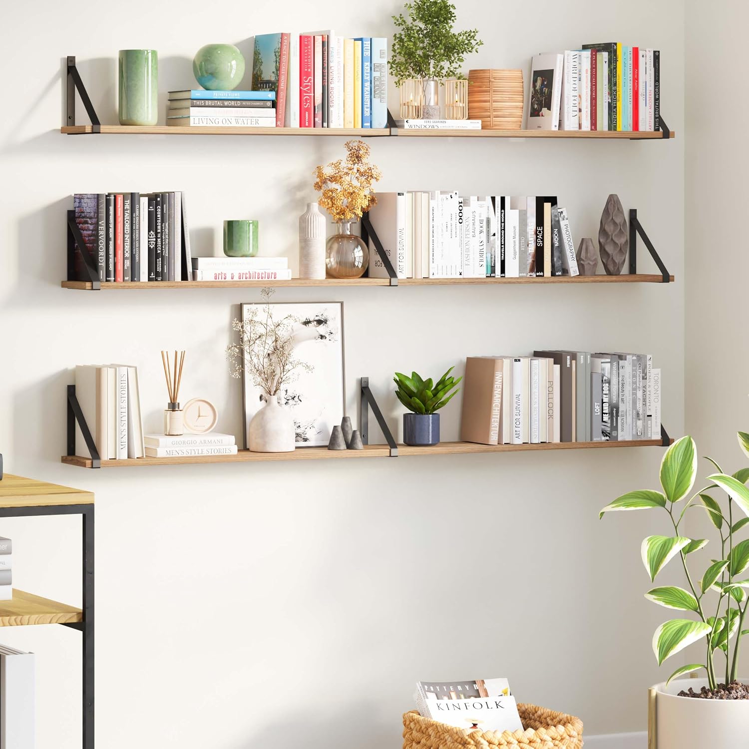 Wallniture Bora 60' x 6' Rustic Floating Shelves for Wall, Shelves for Bedroom, Office & Kitchen Storage Shelf, Wall Bookshelf, Set of 3, Burnt, Wood