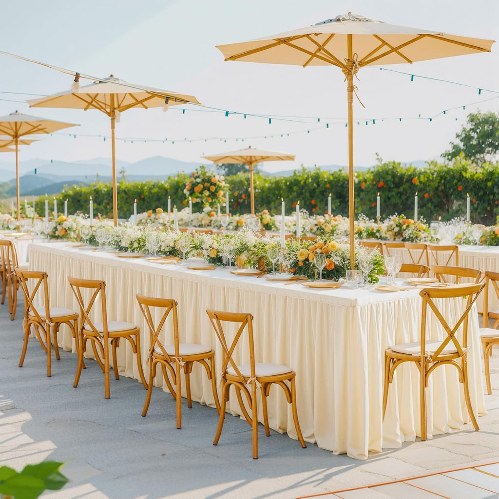 6 Pack Champagne Tablecloths for Rectangle Tables 6ft, Wrinkle Resistant Spandex Tablecover Fitted Stretch Table Cloth with Pleated Ruffle Table Skirts for Party Banquet Dining Birthday Wedding