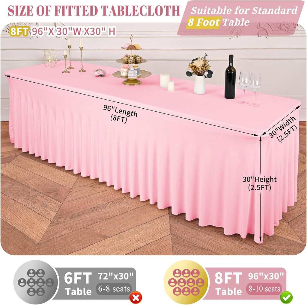 fani 6 Packs Pink Stretch Table Skirts for 8 Foot Rectangle Table, Washable Spandex Stretch Tablecloths with Skirt, Wrinkle Resistant Fitted Tablecover for Wedding Party Banquet