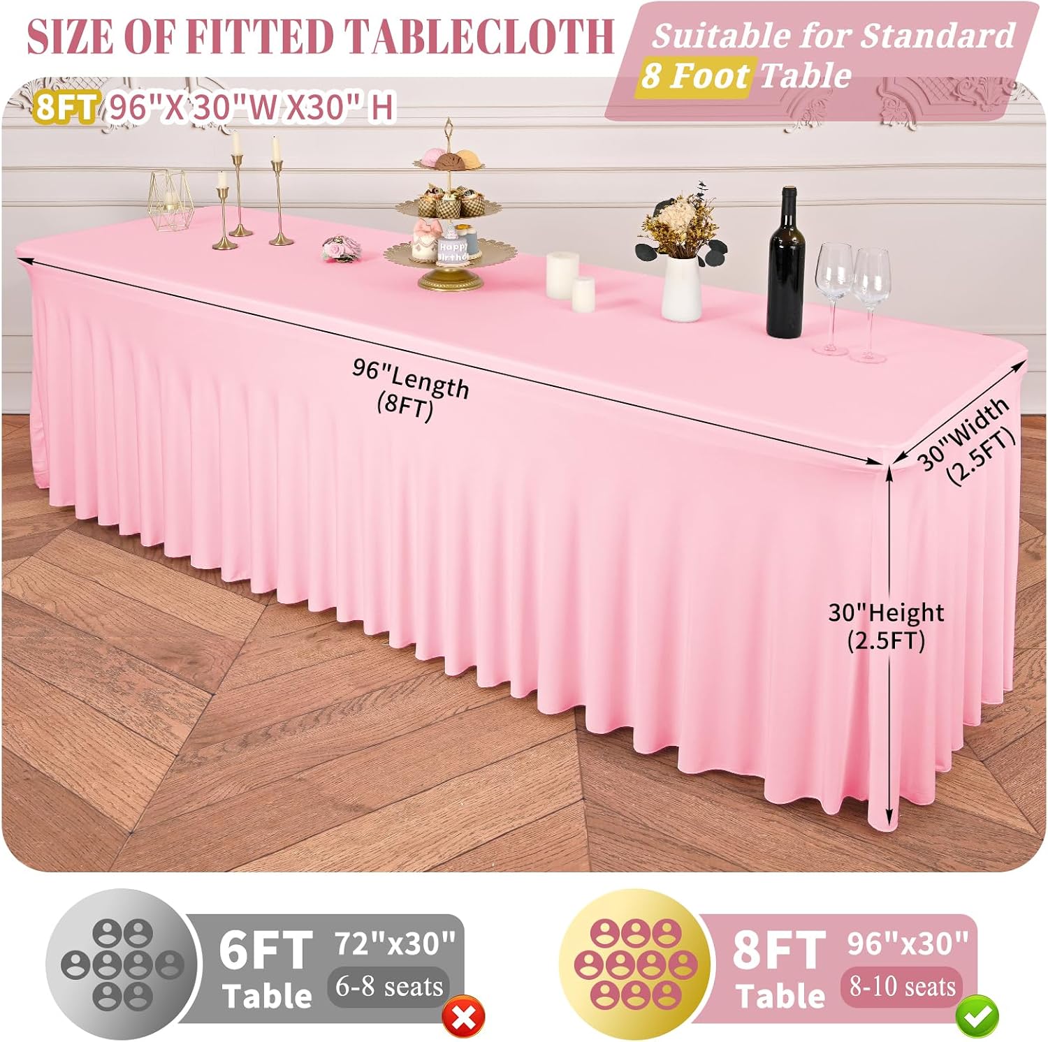 fani 6 Packs Pink Stretch Table Skirts for 8 Foot Rectangle Table, Washable Spandex Stretch Tablecloths with Skirt, Wrinkle Resistant Fitted Tablecover for Wedding Party Banquet