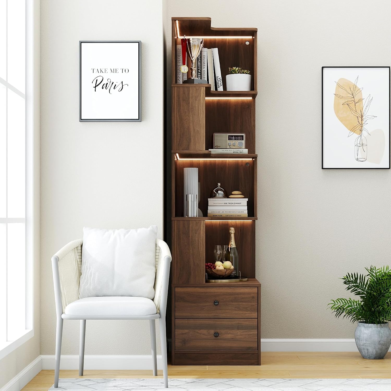 Corner Bookshelf with Drawers and LED Lights, 4-Tier Corner Bookcase with Baffle, Freestanding L-Shaped Display Shelf Stand for Home Office, Living Room, Walnut