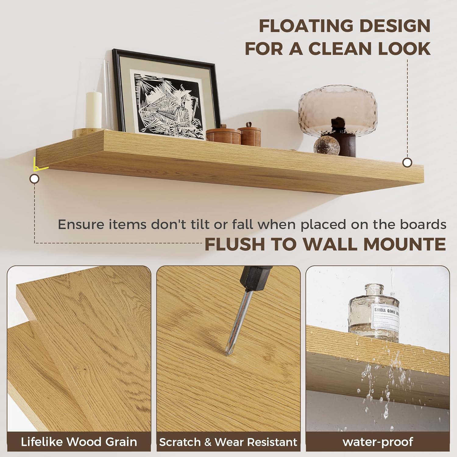 Fun Memories Deep Floating Shelves, 36' W x 12' D Wood Floating Shelves for Wall, 3 Pack Extra Deeper & Thicker Wall Mounted Storage Shelf for Living Room Laundry Room Kitchen Home Office, Oak