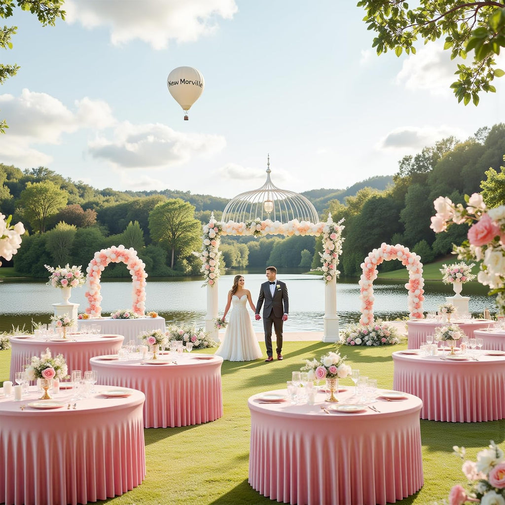 6 Pack Pink 72 inch Round Spandex Tablecloth,Wrinkle-Free Stretchy Fitted 6FT Round Tables,Elastic Edge with Skirt,Washable Tablecloths for Wedding Banquet Party Birthday Buffet