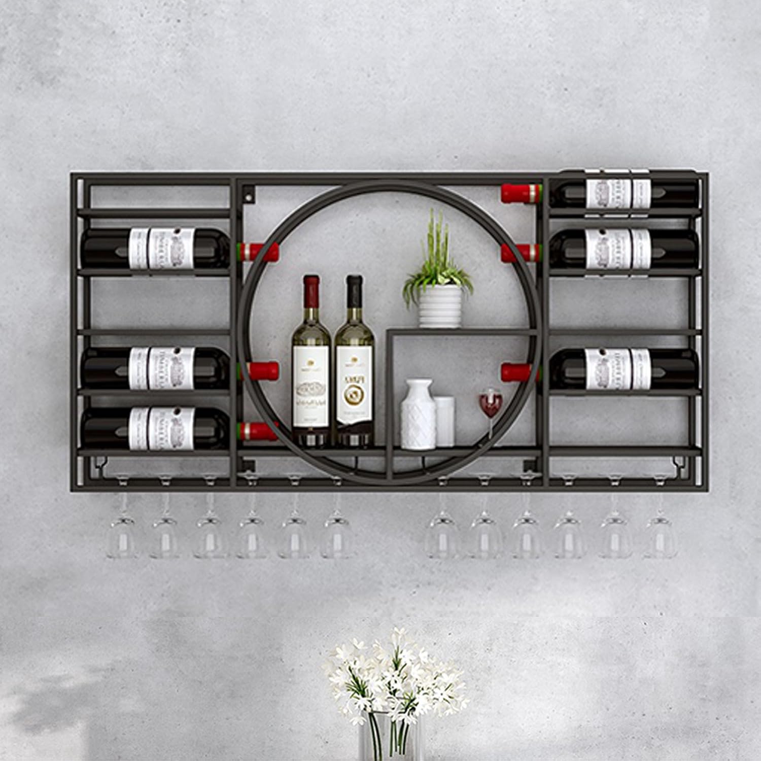 Wall Mounted Wine Rack with Hanging Glass Storage Black Liquor Shelf for Wine Bottles and Glasses Mini Bar Shelves for Corner Coffee Cabinet Stylish Storage Solution for