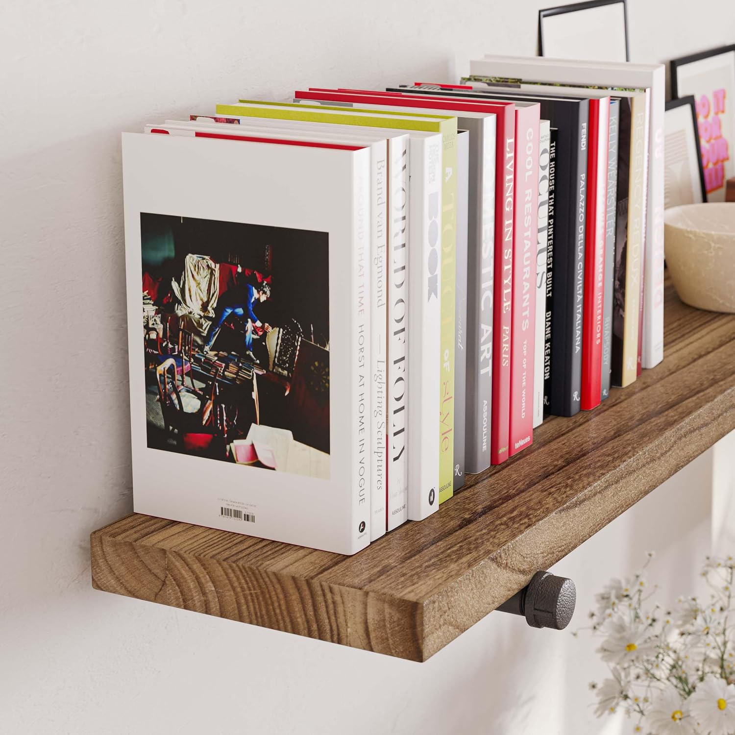 Wallniture Burnt Finish Pipe Wall Shelf - 9.25'' Deep, 1.5'' Thick Solid Wood, Lengths: 48', 60', 72', 84' - Includes Pipe Brackets (84'')