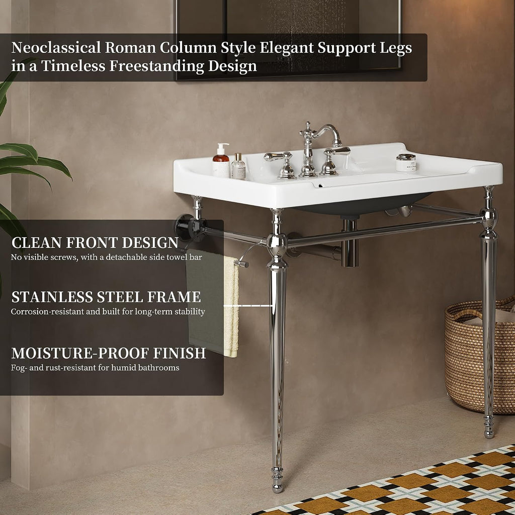 Yayzy 36' Bathroom Vanity with White Ceramic Sink, Wall-Mounted Console Style, Silver-Finish Stainless Steel Legs & Towel Bar, 3 Faucet Holes, No Faucet