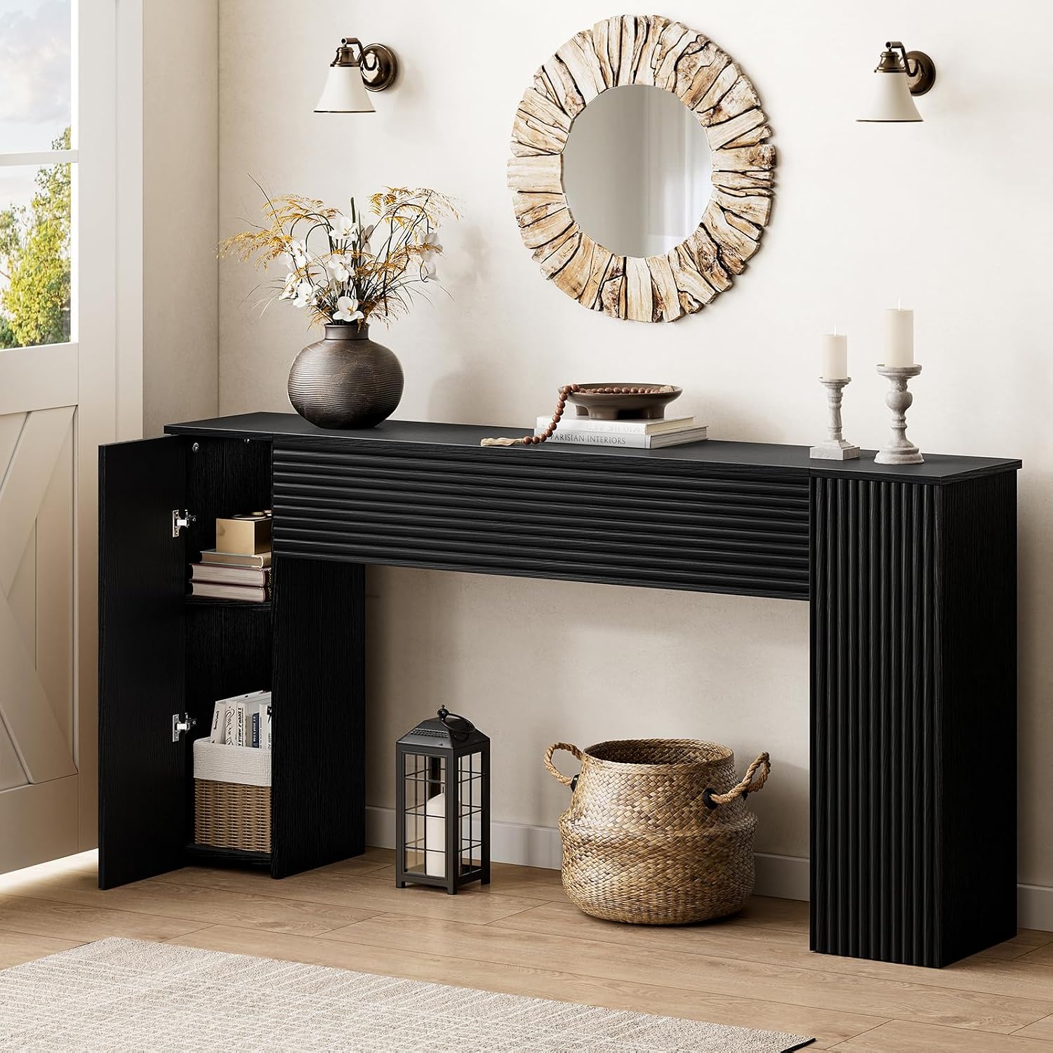 FABATO 61'' Fluted Long Console Table, Wooden Rectangular Sofa Table Behind The Couch, Narrow Entryway Table with 2 Hidden Storage Cabinets for Entrance, Hallway, Living Room, Foyer, Black