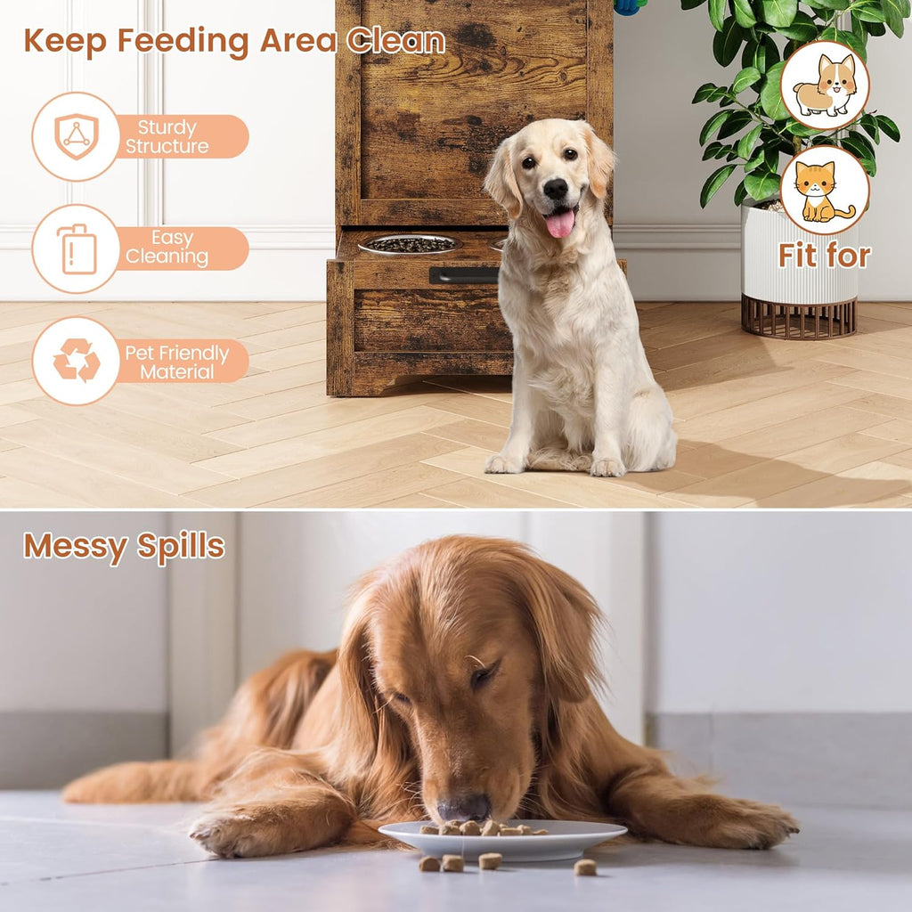 TrailBlaze Elevated Dog Feeding Station with Storage Cabinet – 2 Raised Bowls, Turnover Top Food Storage, 3 Accessory Hooks, Toy Shelf Organizer – Modern Farmhouse Pet Feeder for Large Dogs, Grey