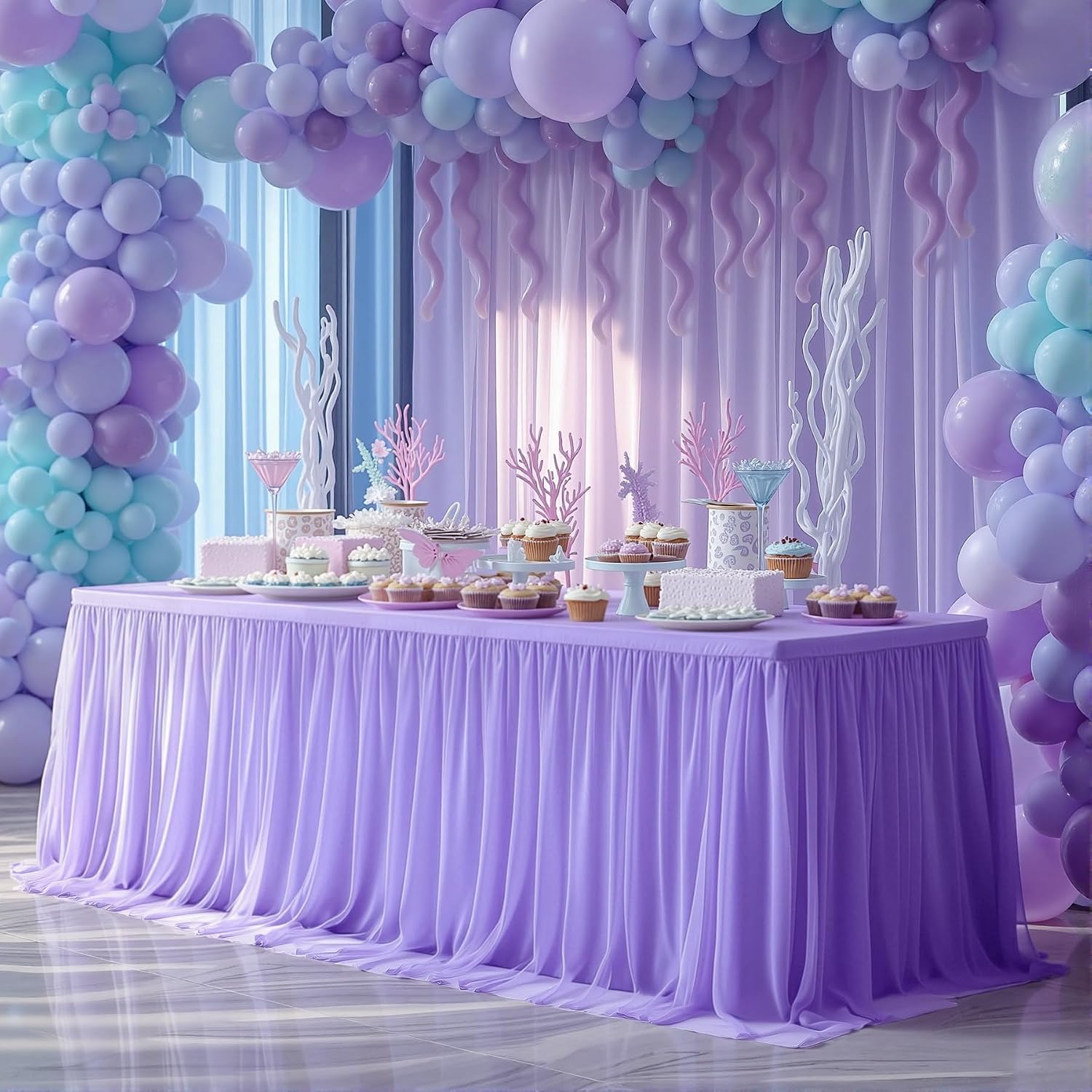 6 Pack Lavender Tulle Tablecloths with Skirt for 6 Foot Rectangle Tables Party Ruffle Tutu Tablecloth 6FT Stretch Fitted Table Cover for Wedding Reception Birthday Baby Shower Celebration Banquet