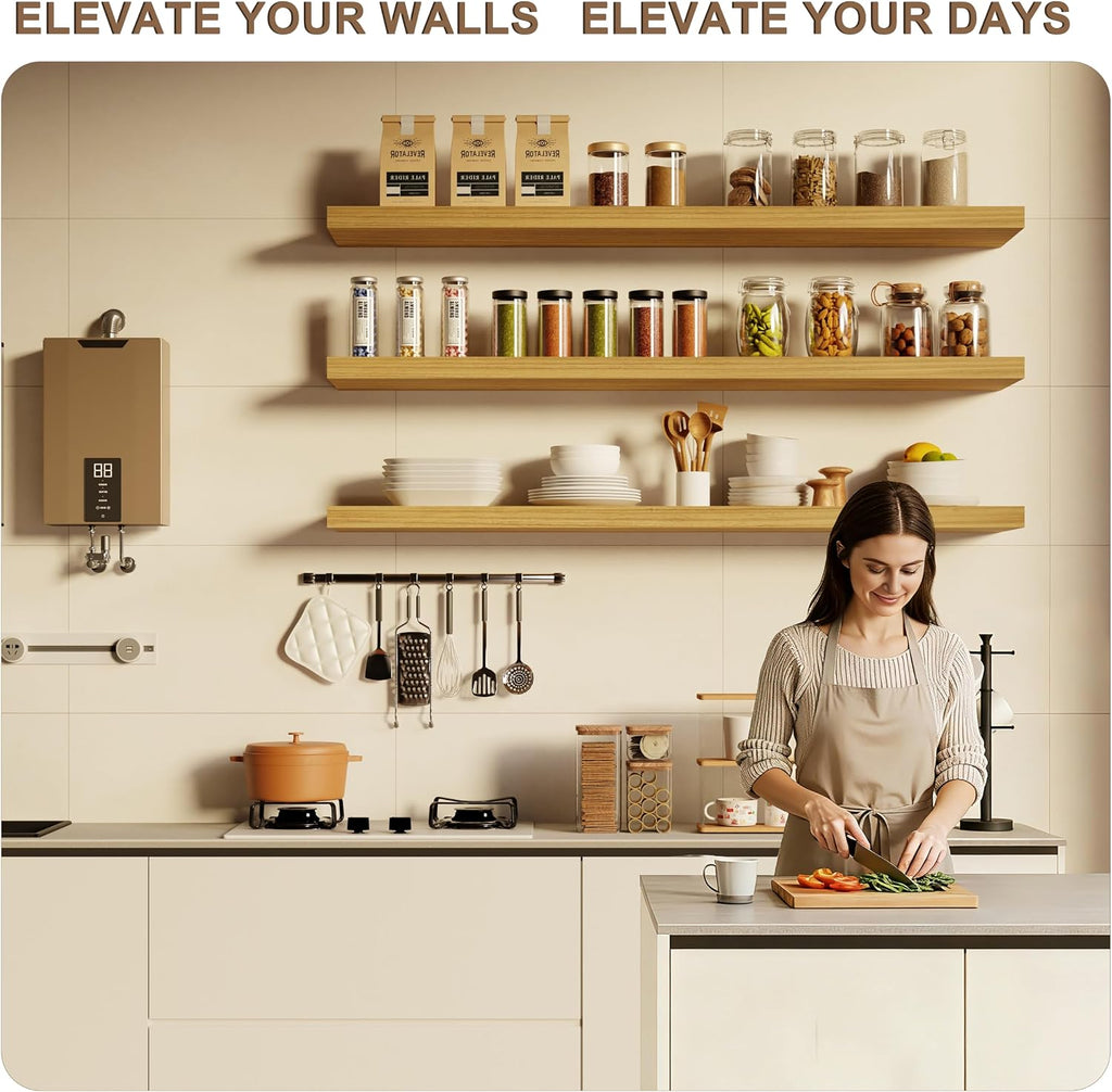 48-Inch Floating Shelves, Set of 3 Wall Mounted Storage Ledges, 12-Inch Deep Extra-Thick Solid Paulownia Wood Shelving for Kitchen, Living Room, Bedroom & Bathroom, Natural Clear Finish