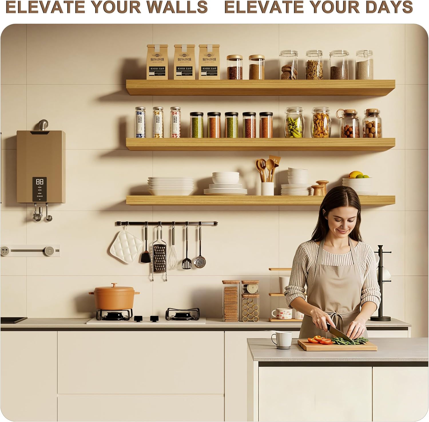 48-Inch Floating Shelves, Set of 3 Wall Mounted Storage Ledges, 12-Inch Deep Extra-Thick Solid Paulownia Wood Shelving for Kitchen, Living Room, Bedroom & Bathroom, Natural Clear Finish