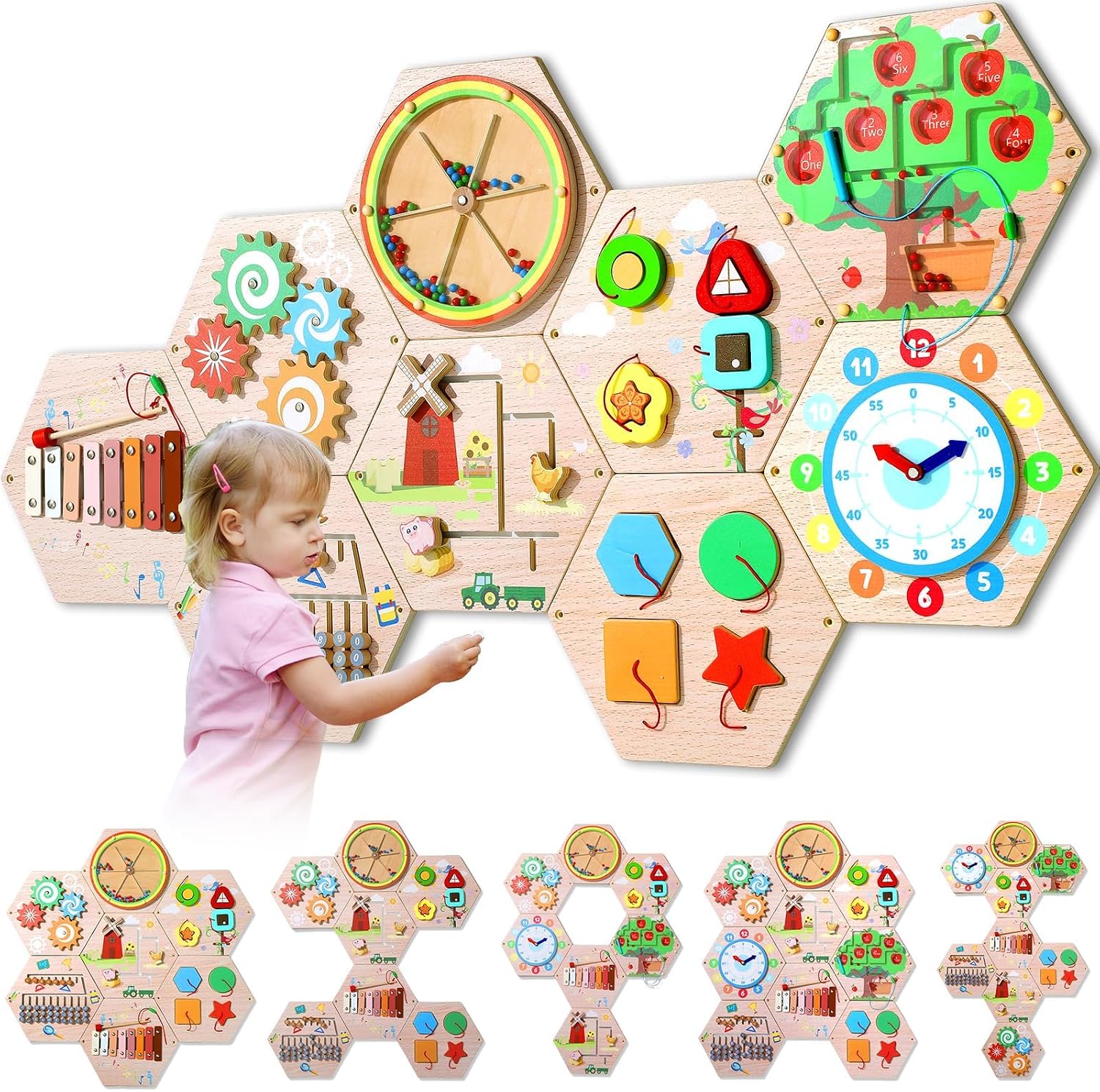 9Pcs Hexagon Activity Wall Busy Board Panels, Wooden Sensory Wall Panel for Kids, Montessori Learning Activity Center, Educational Toys for Toddler Playroom Daycare Nursery Classroom Birthday Gifts