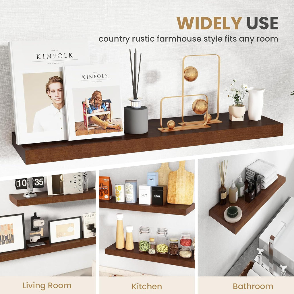 RICHFOCUS Floating Shelves for Wall 48 Inch Solid USA-Sourced Oak Wooden Shelves for Bathroom Kitchen 9' Deep Modern Wood Shelf with Heavy-Duty Bracket for Wall Mounted, Walnut Finish