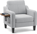 Accent Chair for Living Room Modern Linen Upholstered Armchair Side Wooden Fabric Sofa Chair with Foldable Table 2 Side Pockets Comfy Reading Chair for Bedroom
