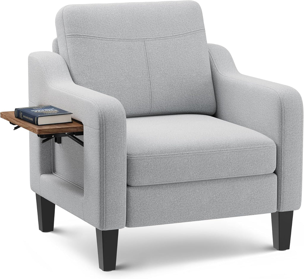 Accent Chair for Living Room Modern Linen Upholstered Armchair Side Wooden Fabric Sofa Chair with Foldable Table 2 Side Pockets Comfy Reading Chair for Bedroom