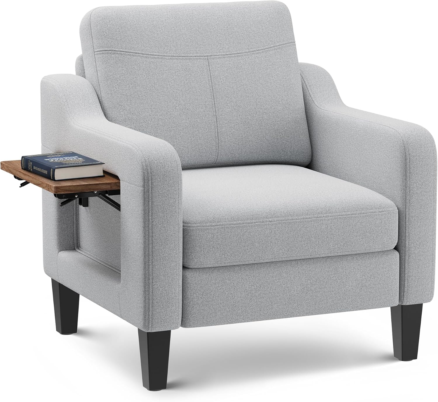 Accent Chair for Living Room Modern Linen Upholstered Armchair Side Wooden Fabric Sofa Chair with Foldable Table 2 Side Pockets Comfy Reading Chair for Bedroom