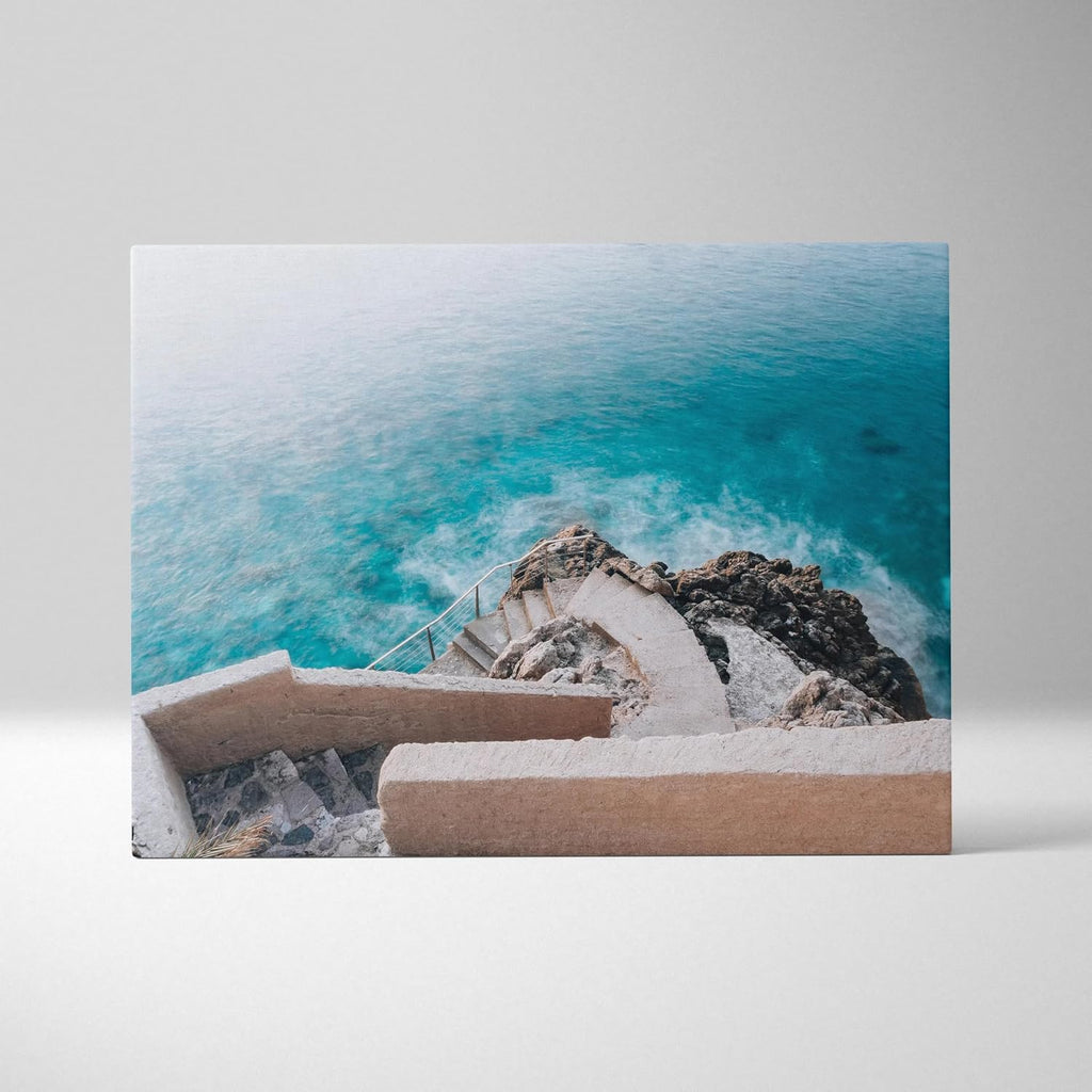 Throttle Designs. Elegant Coastal Architecture Canvas Wall Art Turquoise Calm Staircase Over Ocean Rocks-30? x 20? (Horizontal) / 1.5' - Bedroom, Living Room, Office Decor - Ready to Hang