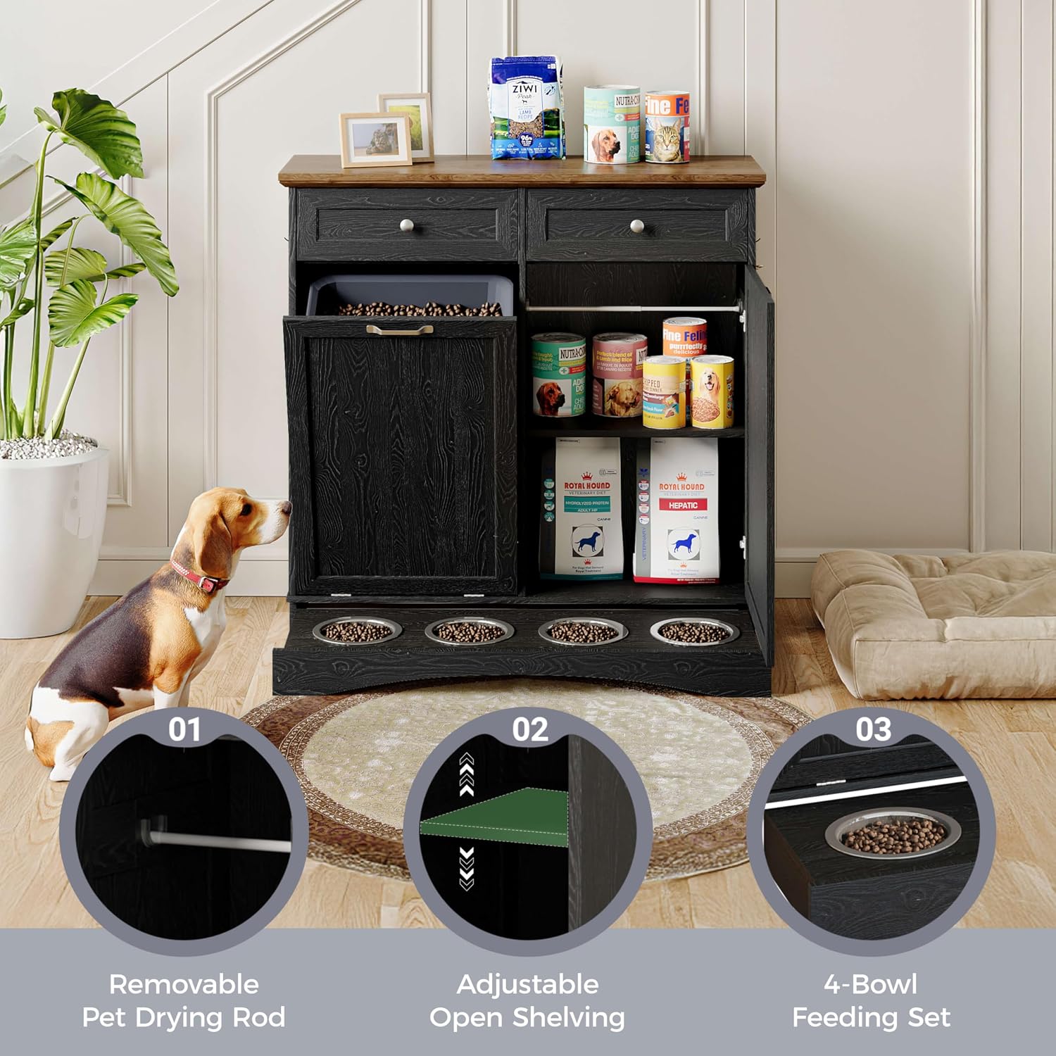 FIMELLO 39.7''W Dual Doors Dog Food Storage Cabinet, Tilt-Out Dog Feeding Station with 4 Feeding Bowls, Pet Feeder Cabinet, Black Grain