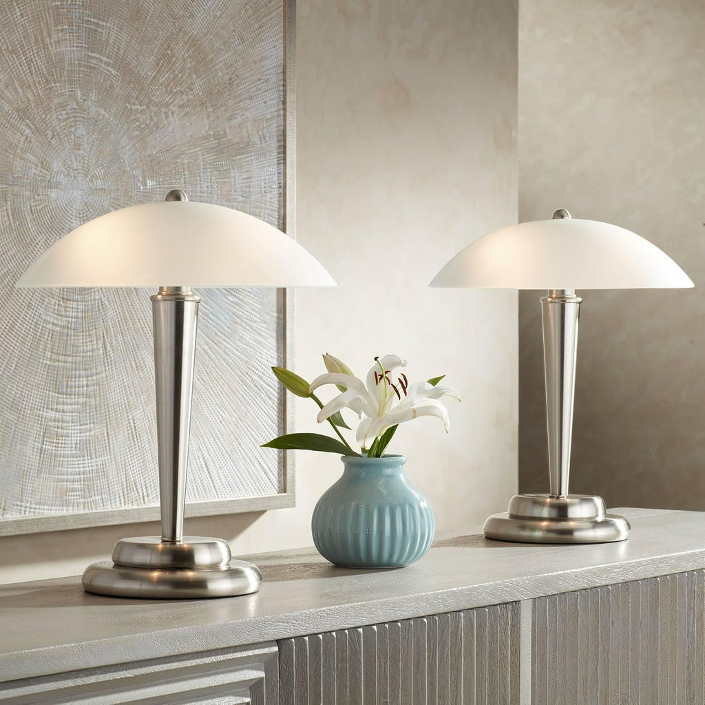 360 Lighting Deco Modern Accent Table Lamps 17' High Set of 2 Brushed Steel Silver Metal Touch On Off White Frosted Glass Dome Shade for Bedroom House Home Bedside Nightstand Office Family