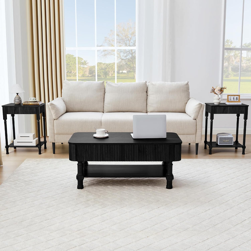 23.6' Large End Table with Charging Station, Set of 2, Modern Farmhouse Side Table with Drawer&Open Shelf, Fluted Wood Bedside Table Sofa Tables Night Stand for Bedroom Living Room Home Office, Black
