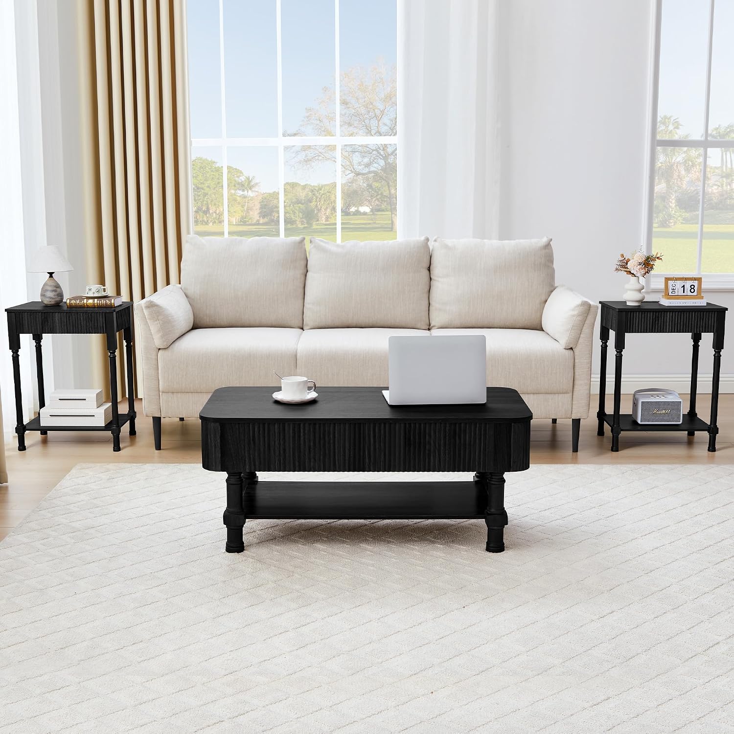 23.6' Large End Table with Charging Station, Set of 2, Modern Farmhouse Side Table with Drawer&Open Shelf, Fluted Wood Bedside Table Sofa Tables Night Stand for Bedroom Living Room Home Office, Black