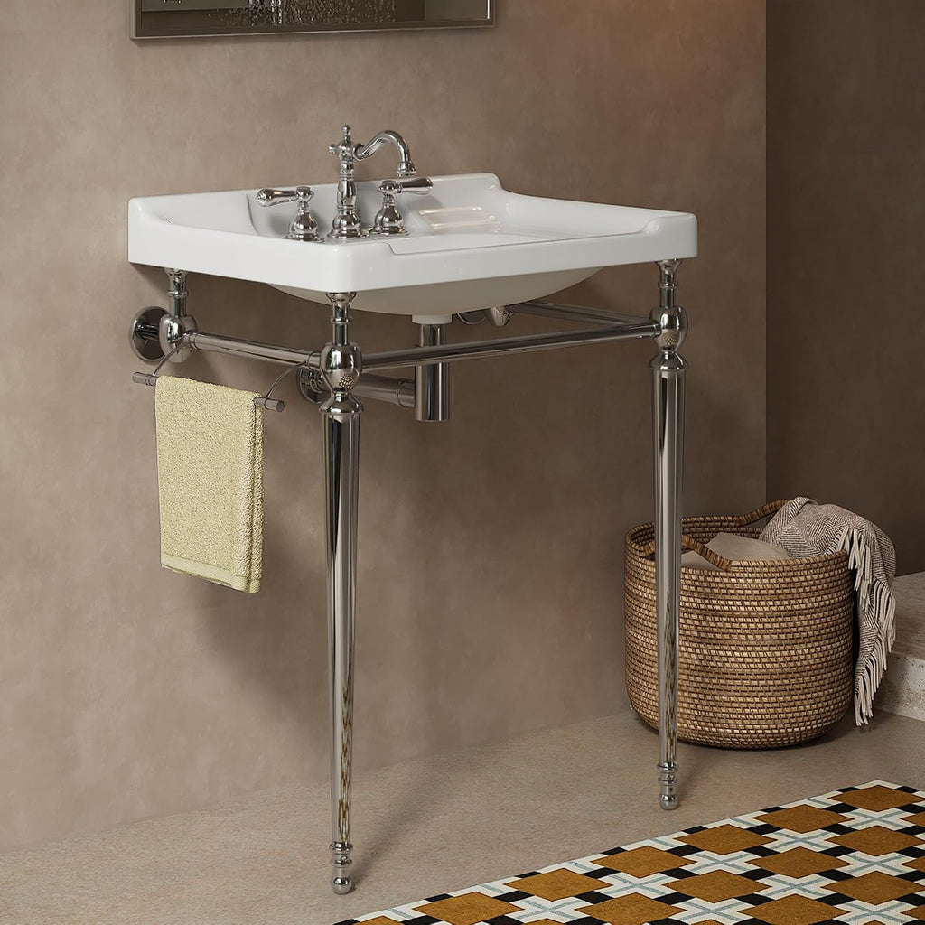 Yayzy 28' Console Bathroom Vanity with White Ceramic Sink, Silver Stainless Steel Legs & Towel Bar, 3 Faucet Holes, No Faucet, Wall-Mounted Support