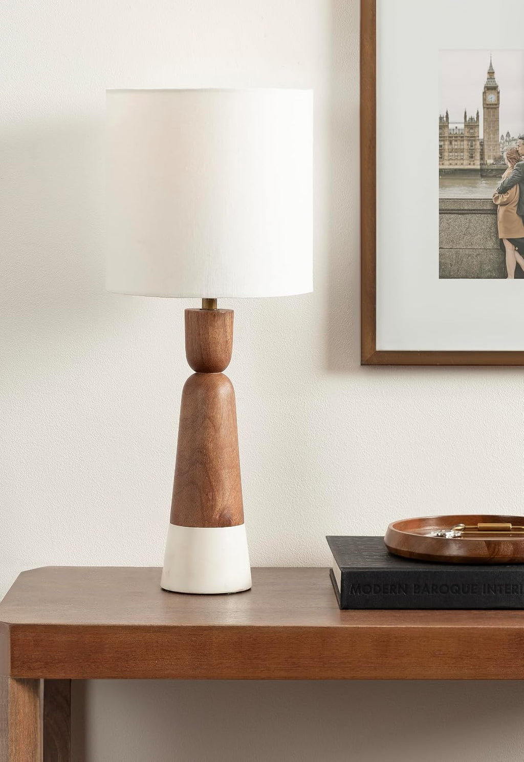 Kate and Laurel Deori Modern Mango Wood and Marble Bedside Table Lamp, 8 x 8 x 20, Walnut Brown and White Marble, Decorative Tapered Hourglass Tabletop Desk Lamp with Linen Shade for Living Room Decor